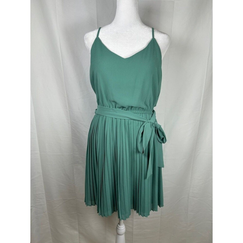 Naked Zebra Green Pleated Mini Dress Small Tie Belt Waist Sleeveless Party Prom
